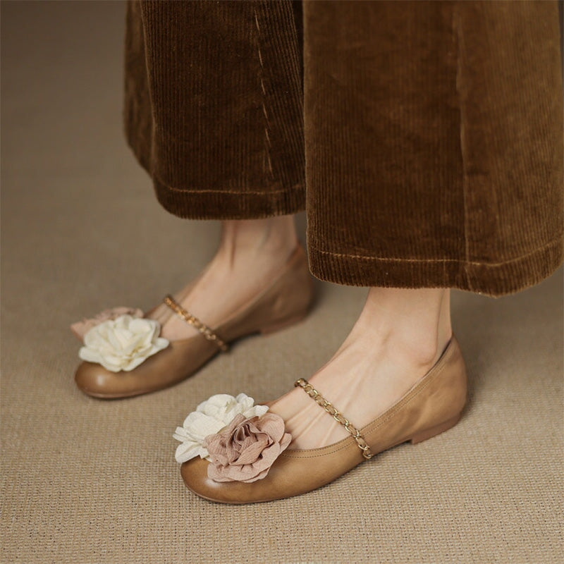 Elegant  Handmade Leather Floral Chain Strap Mary Jane Flats in Apricot/Wine Red/Beige/Silver