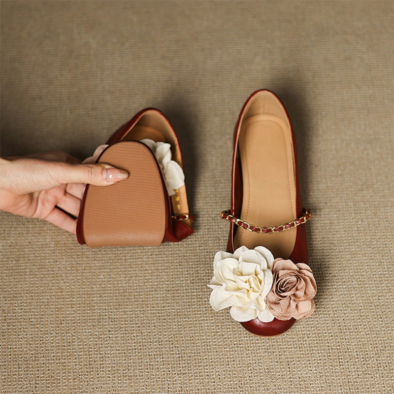 Elegant  Handmade Leather Floral Chain Strap Mary Jane Flats in Apricot/Wine Red/Beige/Silver