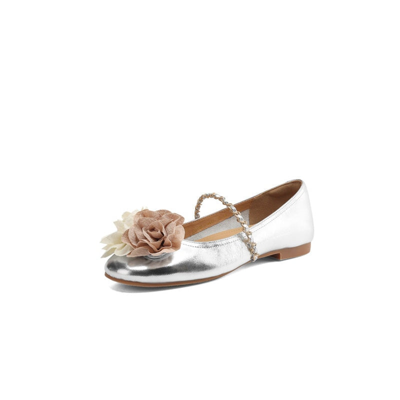 Elegant  Handmade Leather Floral Chain Strap Mary Jane Flats in Apricot/Wine Red/Beige/Silver
