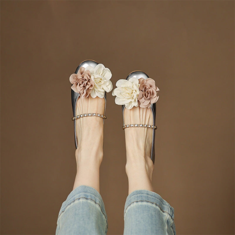 Elegant  Handmade Leather Floral Chain Strap Mary Jane Flats in Apricot/Wine Red/Beige/Silver