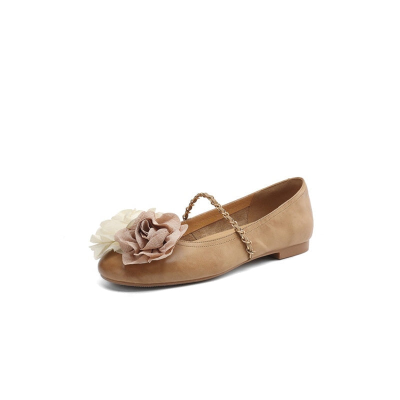 Elegant  Handmade Leather Floral Chain Strap Mary Jane Flats in Apricot/Wine Red/Beige/Silver