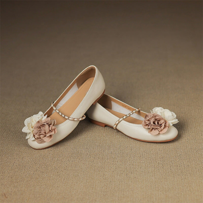 Elegant  Handmade Leather Floral Chain Strap Mary Jane Flats in Apricot/Wine Red/Beige/Silver