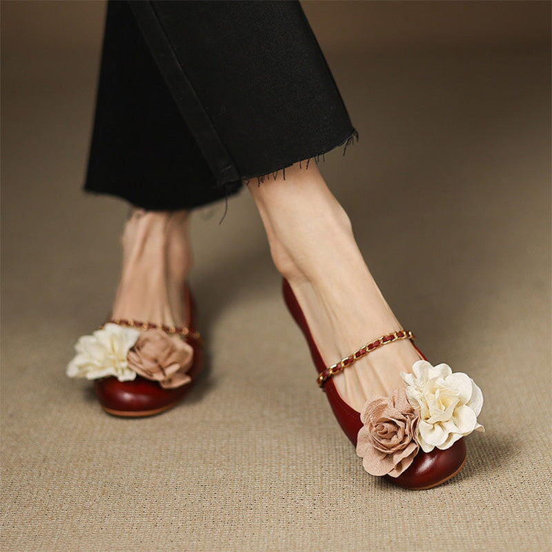 Elegant  Handmade Leather Floral Chain Strap Mary Jane Flats in Apricot/Wine Red/Beige/Silver