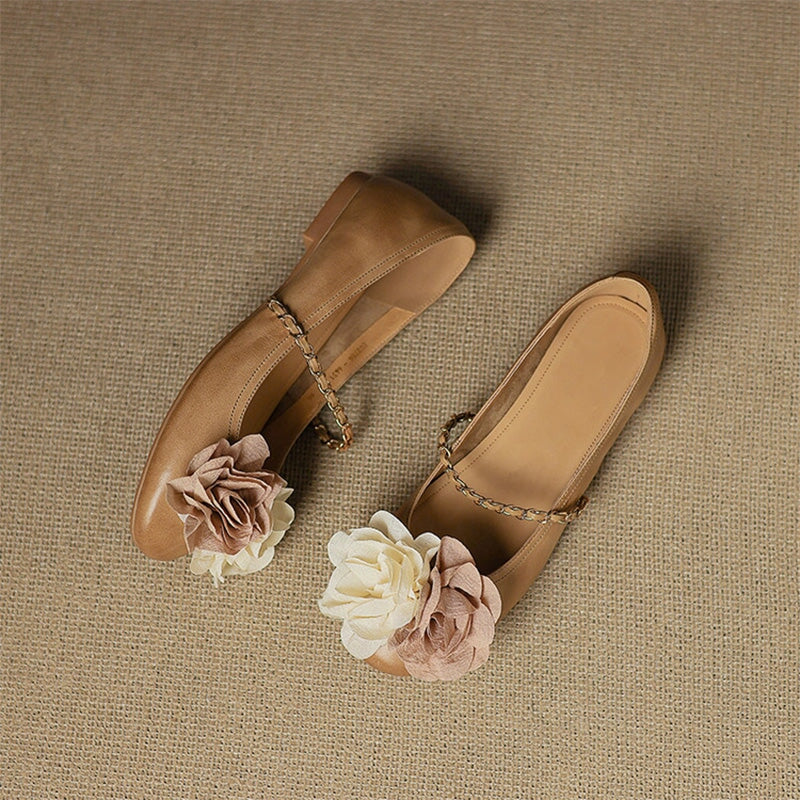 Elegant  Handmade Leather Floral Chain Strap Mary Jane Flats in Apricot/Wine Red/Beige/Silver