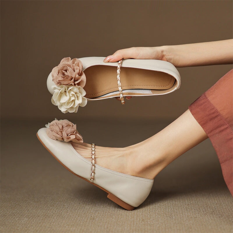Elegant  Handmade Leather Floral Chain Strap Mary Jane Flats in Apricot/Wine Red/Beige/Silver