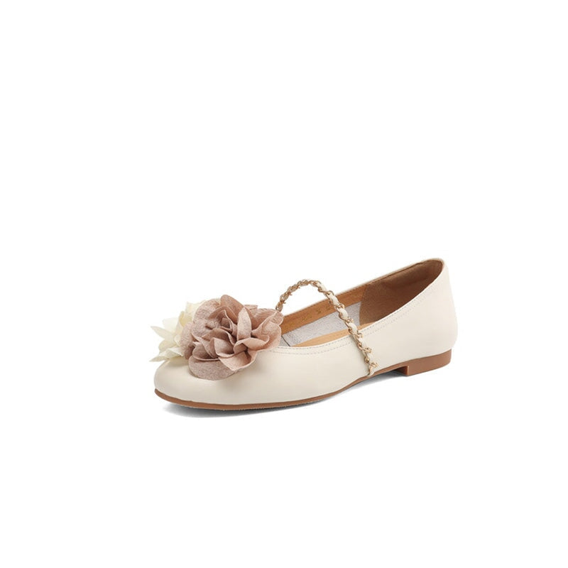 Elegant  Handmade Leather Floral Chain Strap Mary Jane Flats in Apricot/Wine Red/Beige/Silver