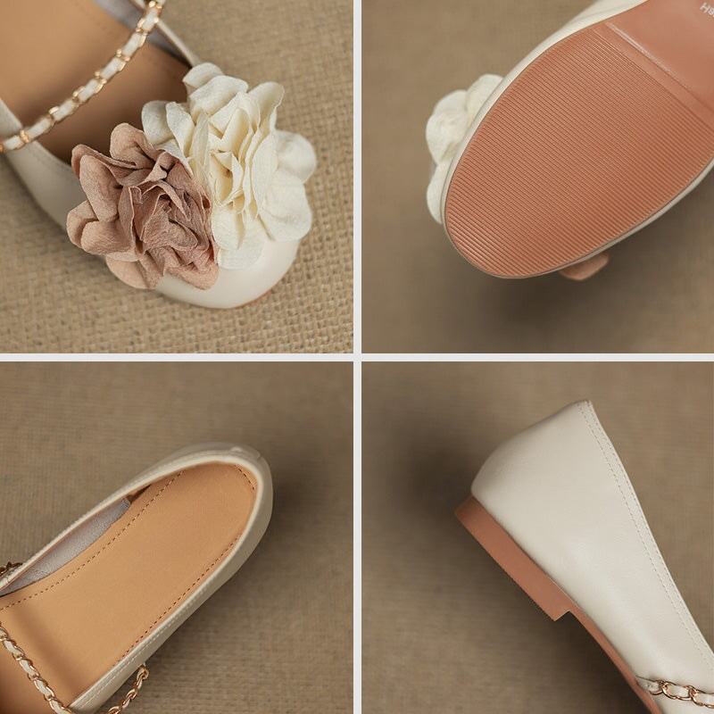 Elegant  Handmade Leather Floral Chain Strap Mary Jane Flats in Apricot/Wine Red/Beige/Silver