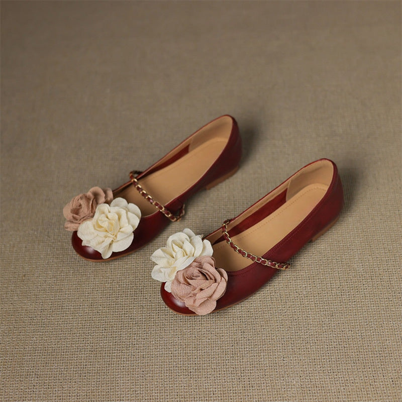 Elegant  Handmade Leather Floral Chain Strap Mary Jane Flats in Apricot/Wine Red/Beige/Silver