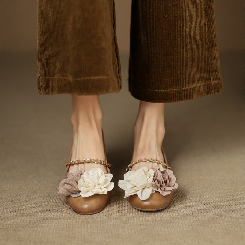 Elegant  Handmade Leather Floral Chain Strap Mary Jane Flats in Apricot/Wine Red/Beige/Silver