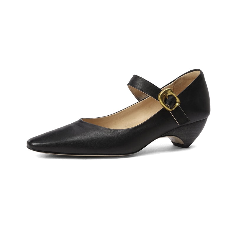 Elegant Handmade Pointed Toe Horse Leather Mary Jane Wedge Heels in Black/White/Brown