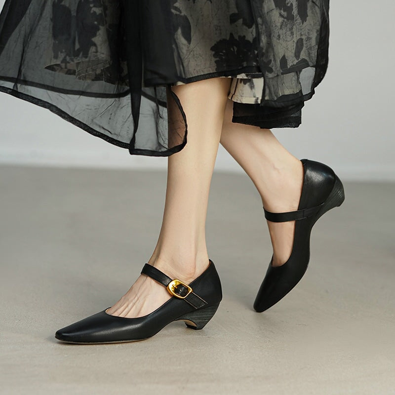 Elegant Handmade Pointed Toe Horse Leather Mary Jane Wedge Heels in Black/White/Brown