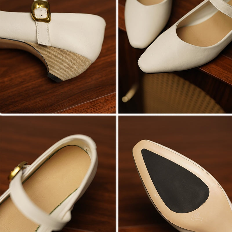 Elegant Handmade Pointed Toe Horse Leather Mary Jane Wedge Heels in Black/White/Brown