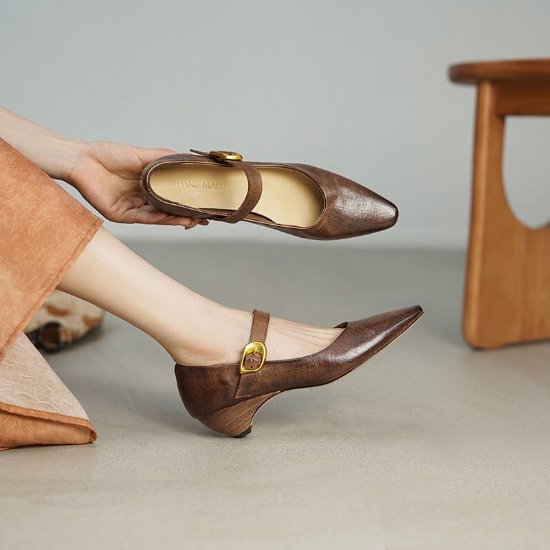 Elegant Handmade Pointed Toe Horse Leather Mary Jane Wedge Heels in Black/White/Brown
