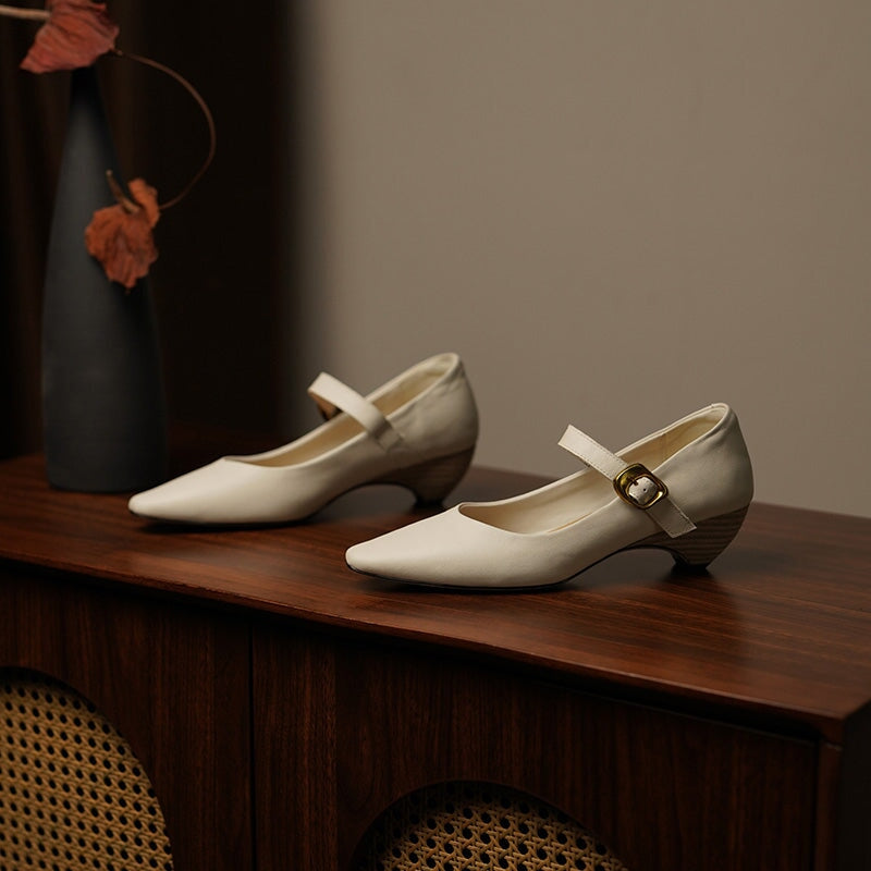 Elegant Handmade Pointed Toe Horse Leather Mary Jane Wedge Heels in Black/White/Brown