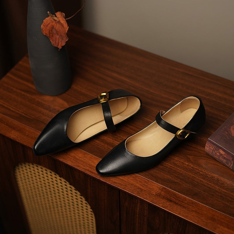 Elegant Handmade Pointed Toe Horse Leather Mary Jane Wedge Heels in Black/White/Brown