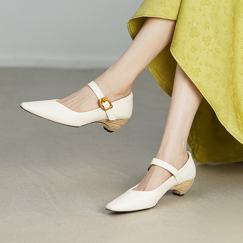 Elegant Handmade Pointed Toe Horse Leather Mary Jane Wedge Heels in Black/White/Brown