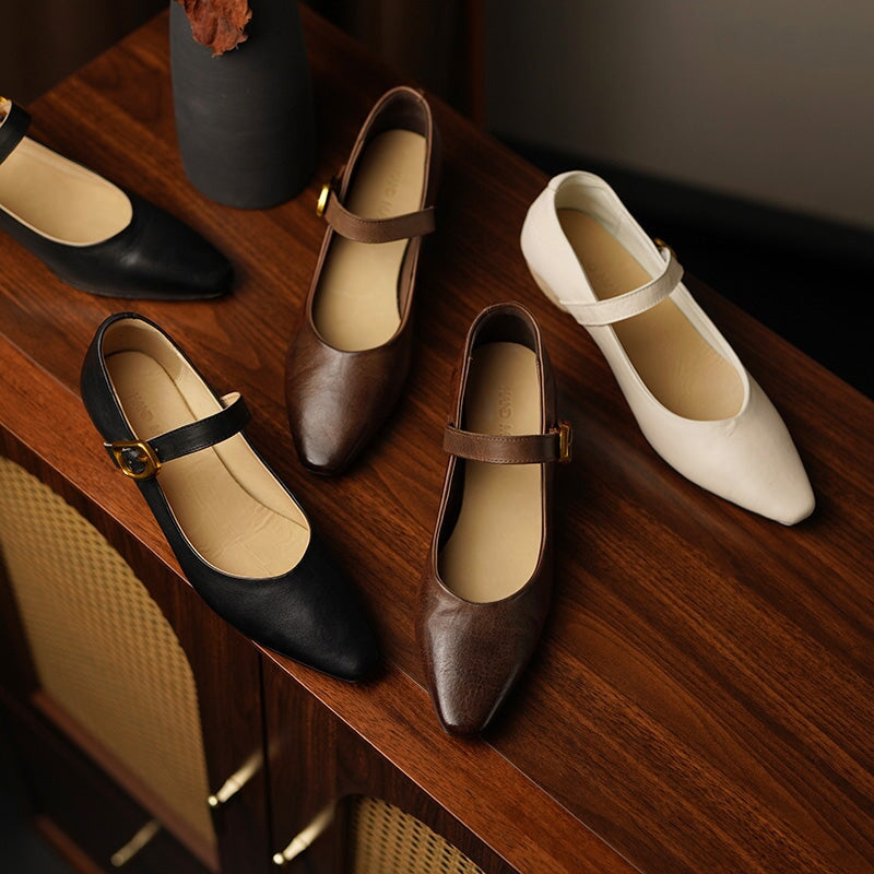 Elegant Handmade Pointed Toe Horse Leather Mary Jane Wedge Heels in Black/White/Brown