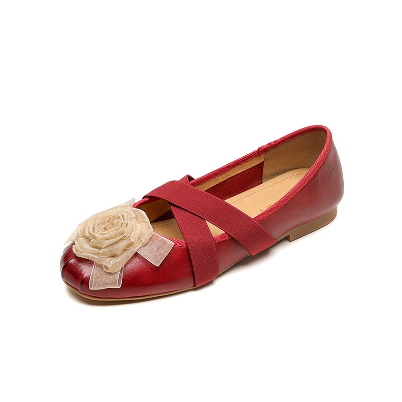 Elegant Leather Ballet Flats with Flower Detail and Cross Elastic Straps in Wine Red/Purple/Apricot