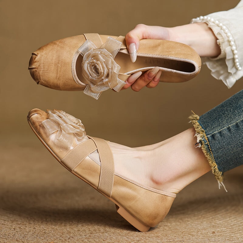 Elegant Leather Ballet Flats with Flower Detail and Cross Elastic Straps in Wine Red/Purple/Apricot