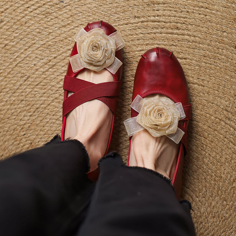 Elegant Leather Ballet Flats with Flower Detail and Cross Elastic Straps in Wine Red/Purple/Apricot