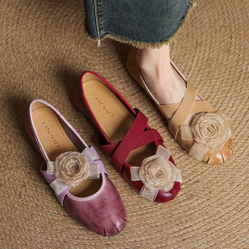 Elegant Leather Ballet Flats with Flower Detail and Cross Elastic Straps in Wine Red/Purple/Apricot