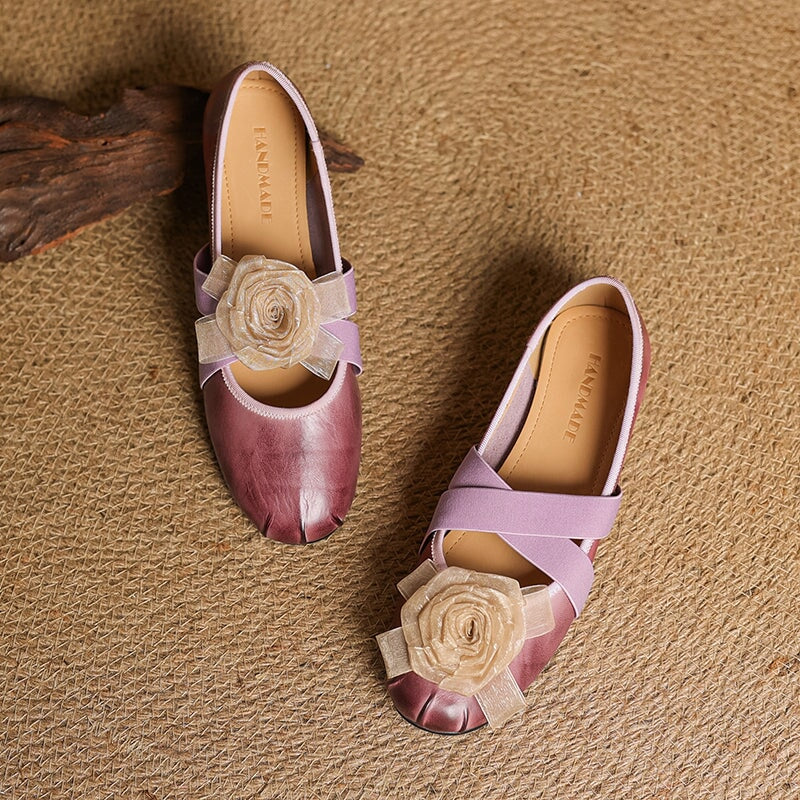 Elegant Leather Ballet Flats with Flower Detail and Cross Elastic Straps in Wine Red/Purple/Apricot