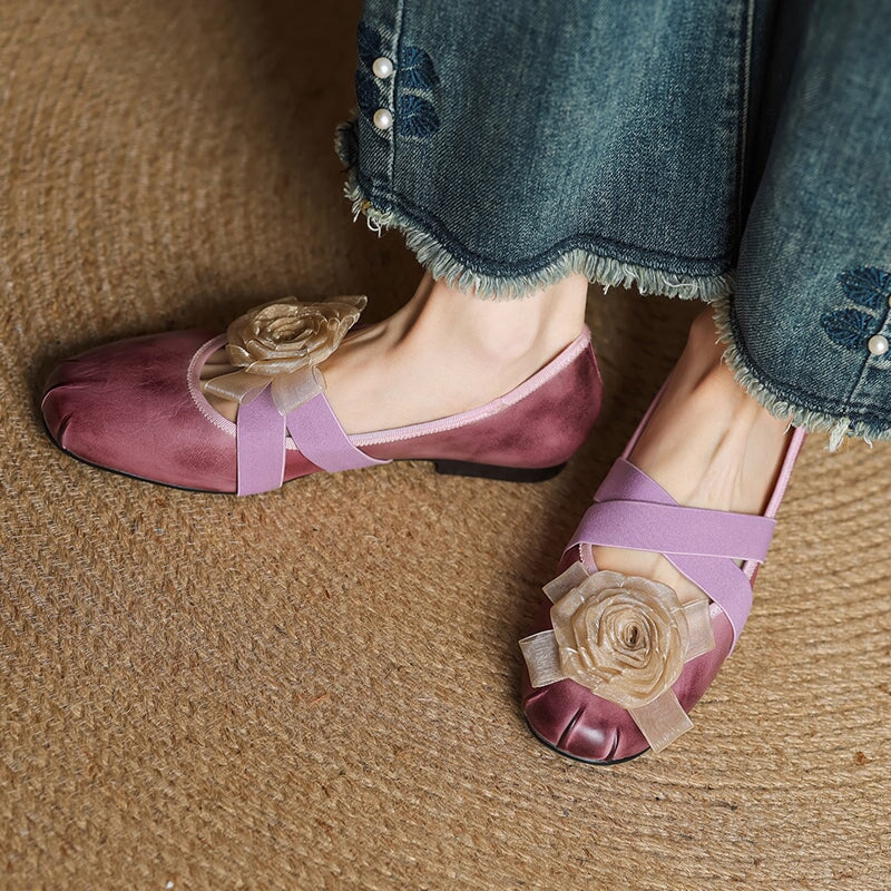Elegant Leather Ballet Flats with Flower Detail and Cross Elastic Straps in Wine Red/Purple/Apricot