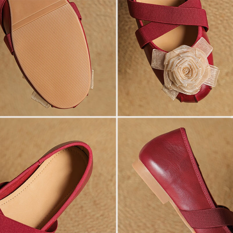 Elegant Leather Ballet Flats with Flower Detail and Cross Elastic Straps in Wine Red/Purple/Apricot