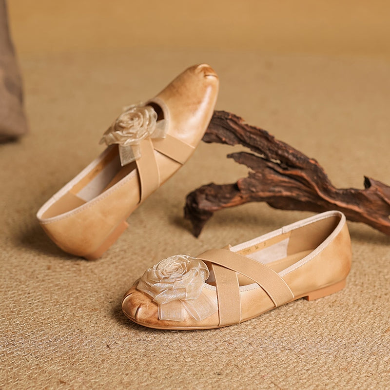 Elegant Leather Ballet Flats with Flower Detail and Cross Elastic Straps in Wine Red/Purple/Apricot