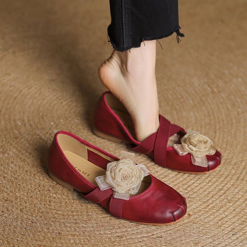 Elegant Leather Ballet Flats with Flower Detail and Cross Elastic Straps in Wine Red/Purple/Apricot