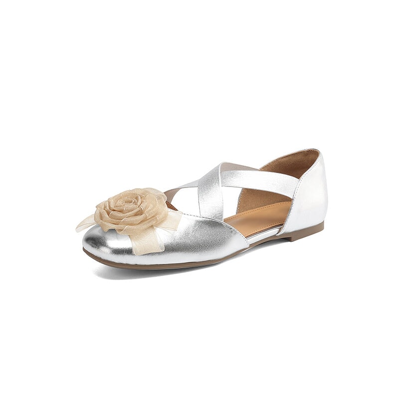 Elegant Leather Cross Straps Mary Jane Ballet Flat with Floral Detail in Wine Red/Beige/Silver