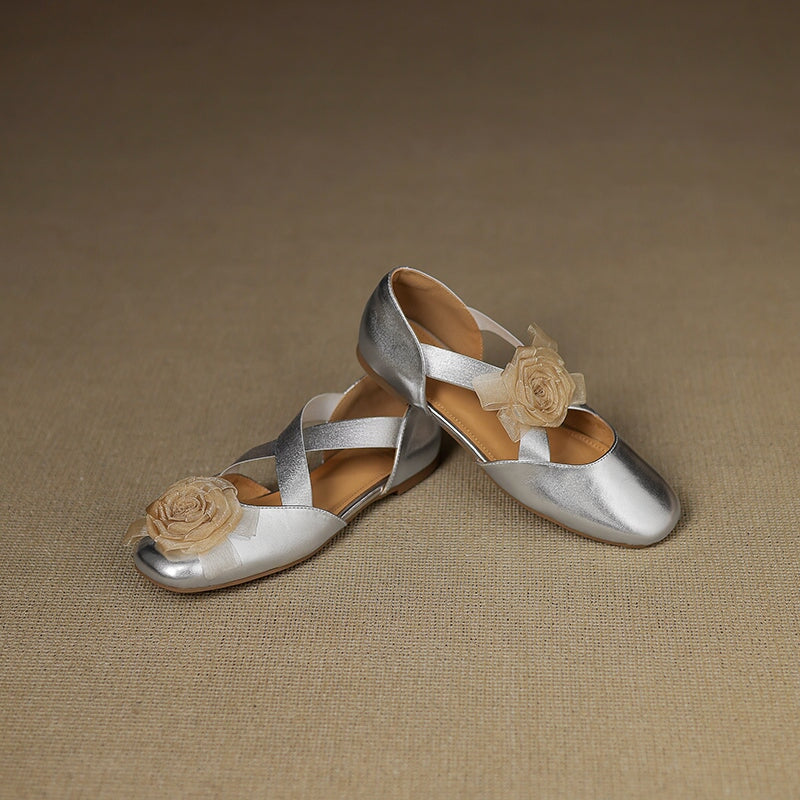 Elegant Leather Cross Straps Mary Jane Ballet Flat with Floral Detail in Wine Red/Beige/Silver