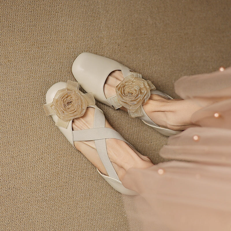 Elegant Leather Cross Straps Mary Jane Ballet Flat with Floral Detail in Wine Red/Beige/Silver