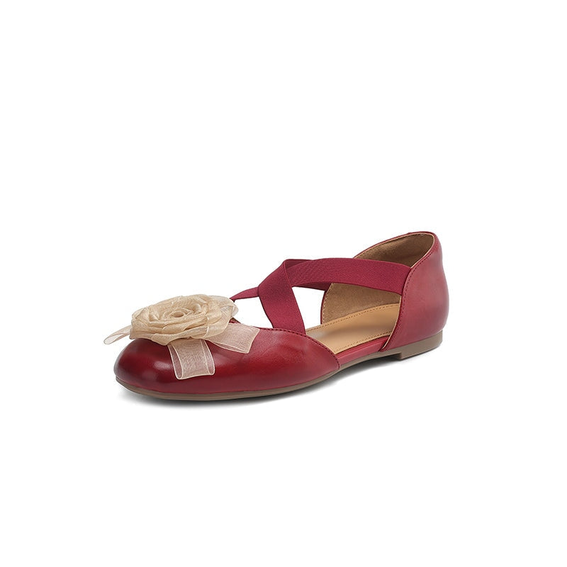 Elegant Leather Cross Straps Mary Jane Ballet Flat with Floral Detail in Wine Red/Beige/Silver