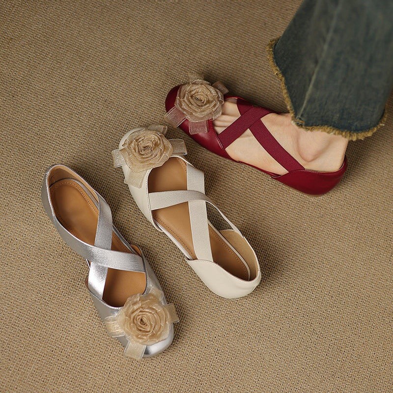 Elegant Leather Cross Straps Mary Jane Ballet Flat with Floral Detail in Wine Red/Beige/Silver