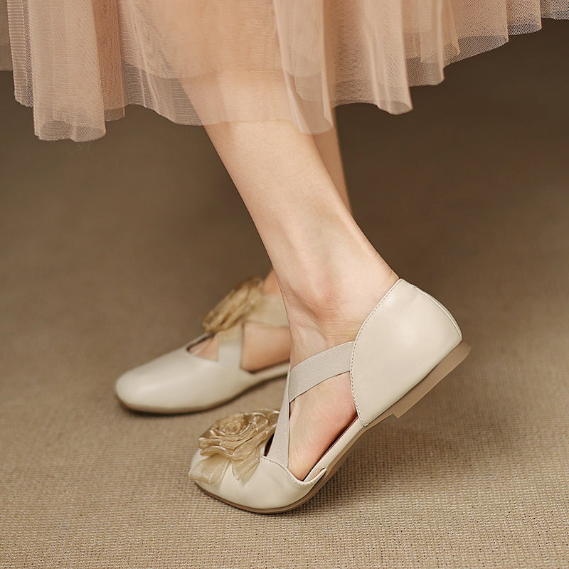 Elegant Leather Cross Straps Mary Jane Ballet Flat with Floral Detail in Wine Red/Beige/Silver