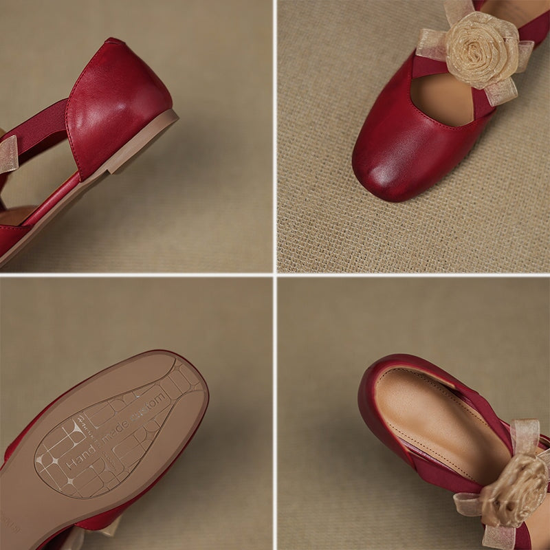 Elegant Leather Cross Straps Mary Jane Ballet Flat with Floral Detail in Wine Red/Beige/Silver