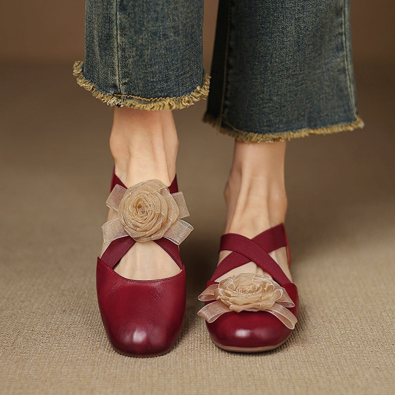 Elegant Leather Cross Straps Mary Jane Ballet Flat with Floral Detail in Wine Red/Beige/Silver