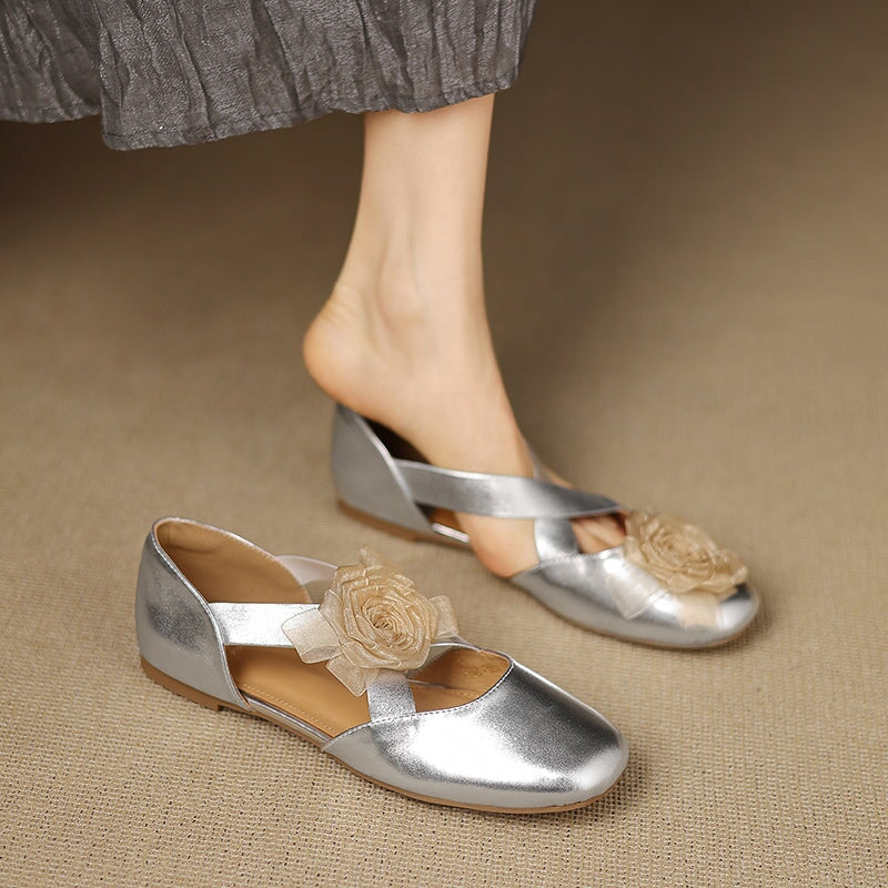 Elegant Leather Cross Straps Mary Jane Ballet Flat with Floral Detail in Wine Red/Beige/Silver