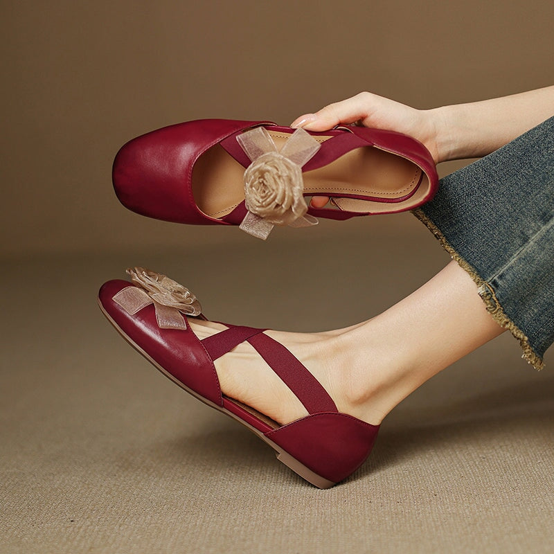 Elegant Leather Cross Straps Mary Jane Ballet Flat with Floral Detail in Wine Red/Beige/Silver