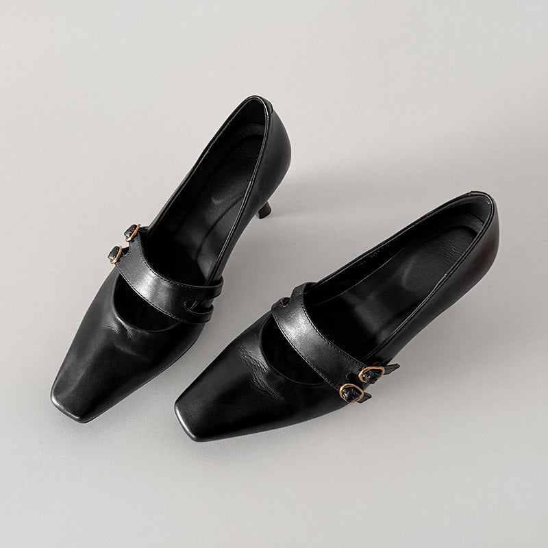 Elegant Mary Jane Pumps for Women Double Buckle 60mm Heel Cow Leather Wedding Shoes in Black/Wine Red