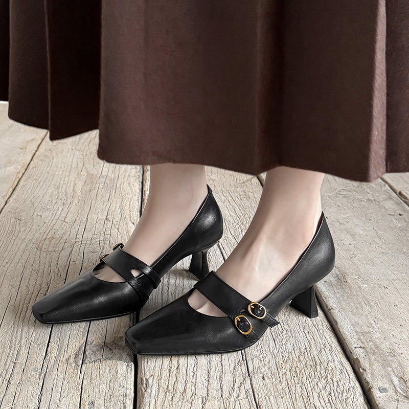 Elegant Mary Jane Pumps for Women Double Buckle 60mm Heel Cow Leather Wedding Shoes in Black/Wine Red