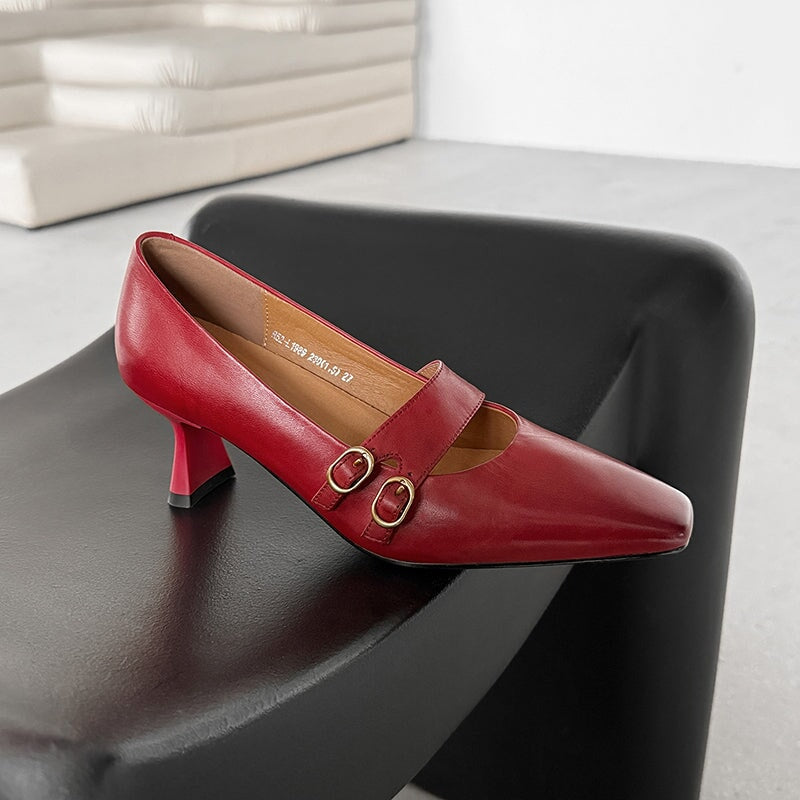 Elegant Mary Jane Pumps for Women Double Buckle 60mm Heel Cow Leather Wedding Shoes in Black/Wine Red