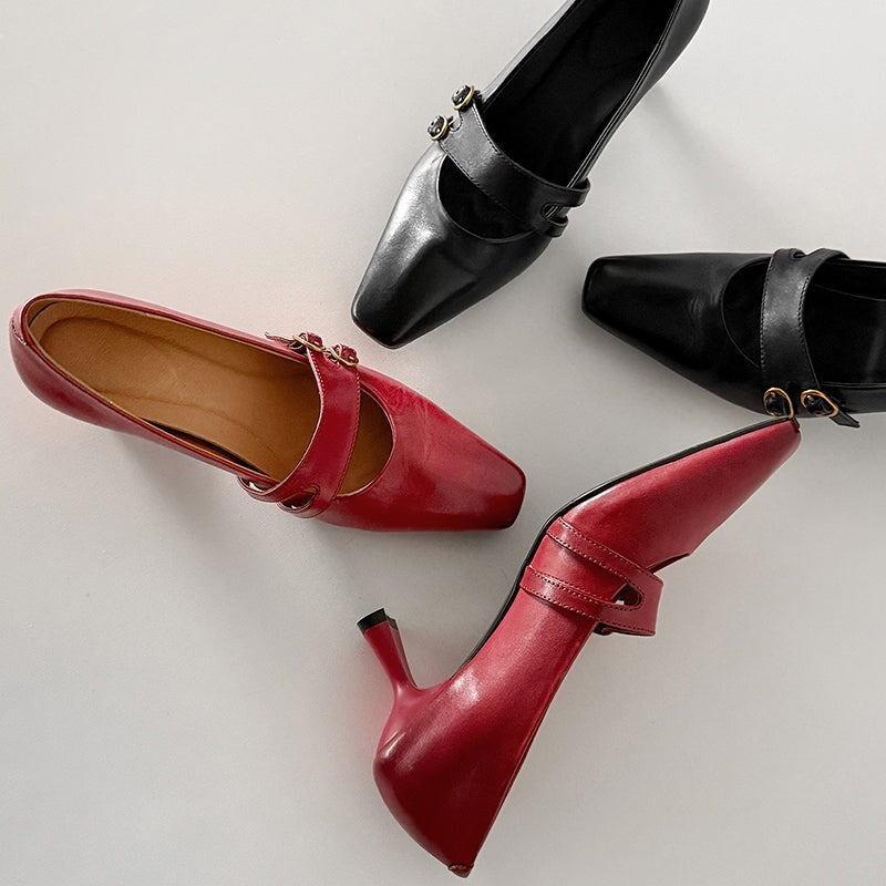 Elegant Mary Jane Pumps for Women Double Buckle 60mm Heel Cow Leather Wedding Shoes in Black/Wine Red