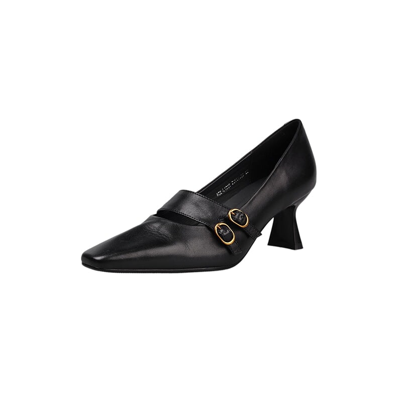 Elegant Mary Jane Pumps for Women Double Buckle 60mm Heel Cow Leather Wedding Shoes in Black/Wine Red