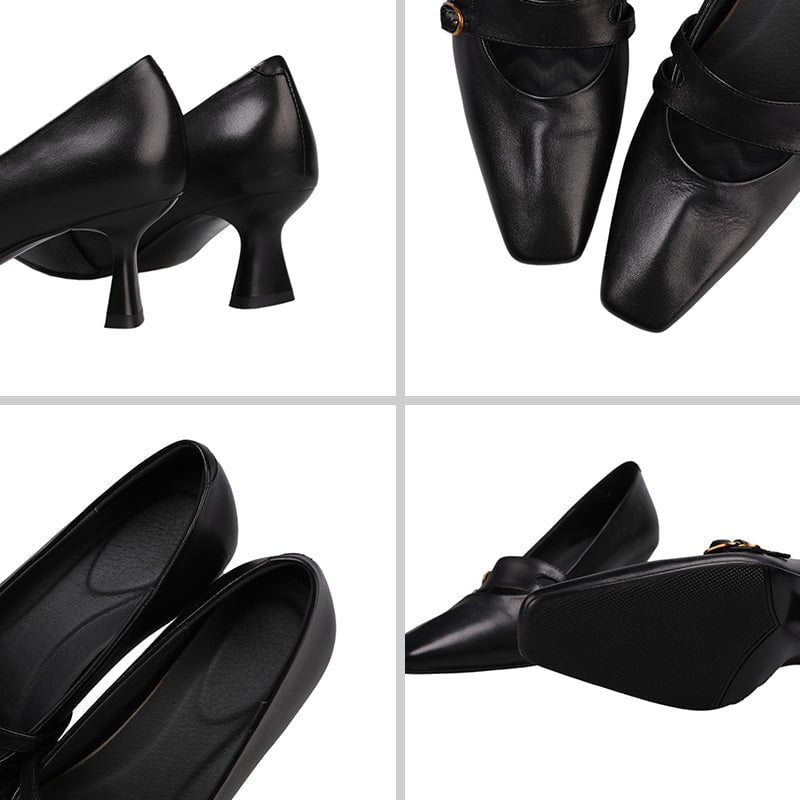 Elegant Mary Jane Pumps for Women Double Buckle 60mm Heel Cow Leather Wedding Shoes in Black/Wine Red