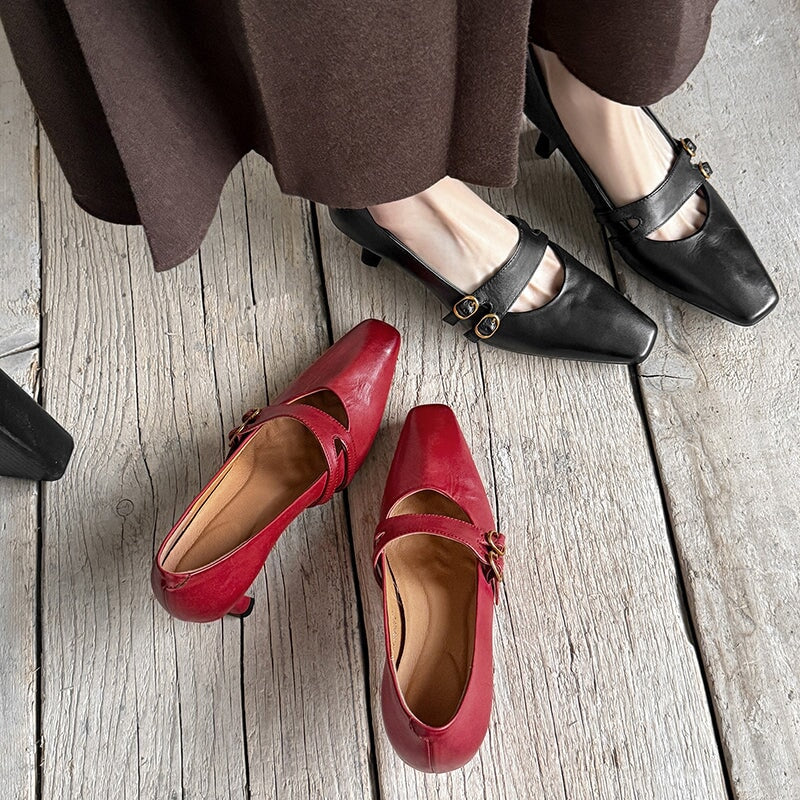 Elegant Mary Jane Pumps for Women Double Buckle 60mm Heel Cow Leather Wedding Shoes in Black/Wine Red
