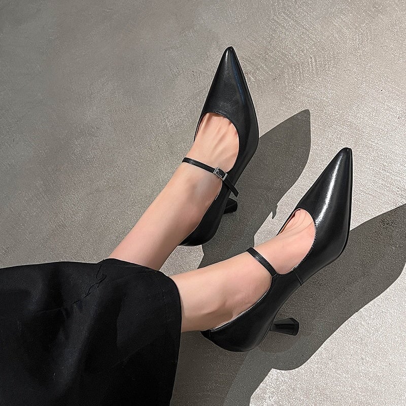 Elegant Mary Jane Pumps Pointed Toe 65mm Stiletto Leather Heels for Evening Dresses in Black/Brown/Apricot