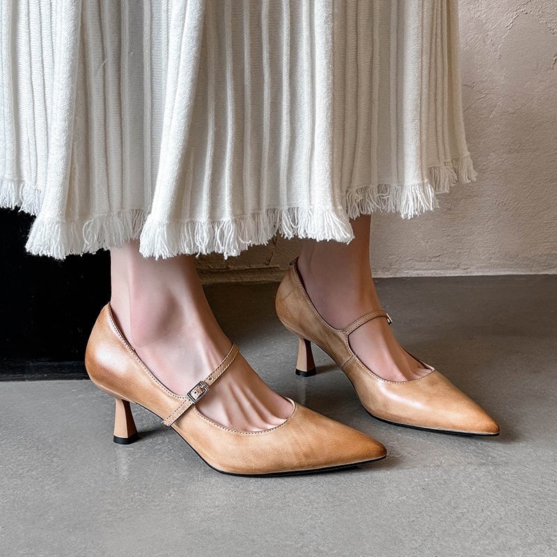 Elegant Mary Jane Pumps Pointed Toe 65mm Stiletto Leather Heels for Evening Dresses in Black/Brown/Apricot