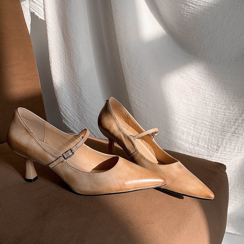 Elegant Mary Jane Pumps Pointed Toe 65mm Stiletto Leather Heels for Evening Dresses in Black/Brown/Apricot